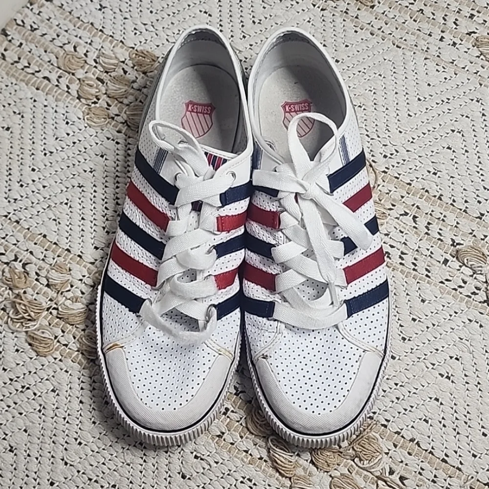 K Swiss Classic Red Blue Stripe White Sneakers Tennis Shoes - Picture 6 of 13